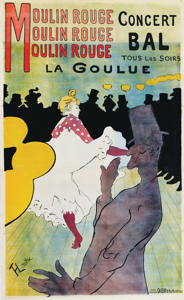 Henri de Toulouse-Lautrec (1864-1901). Moulin Rouge – La Goulue, 1891. Lithographie au pinceau et au crachis. Impression en quatre couleurs. Pierre de trait tirée en noir, pierres de couleurs en jaune, rouge et bleu sur trois feuilles sur vélin 191 x 117 cm. Collection particulière. Photo Peter Schälchi