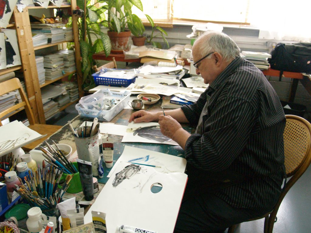 Table de travail de François Barbeau dans l’atelier de la rue Casgrain. Photo: Jean Beaudry 2016.